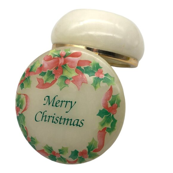 Genuine Alabaster Merry Christmas Hand Carved Trinket Jewelry Box Holly Border - Picture 7 of 10